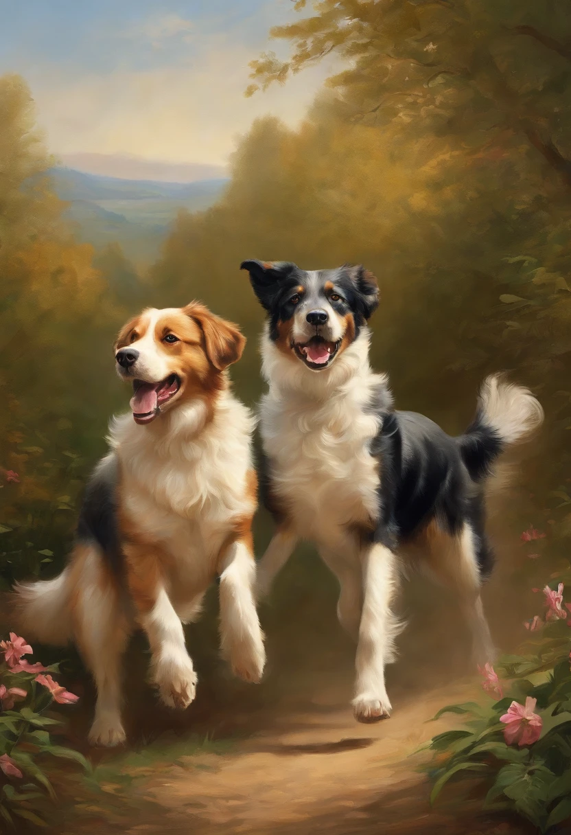 Two dogs playing，adolable，illustration