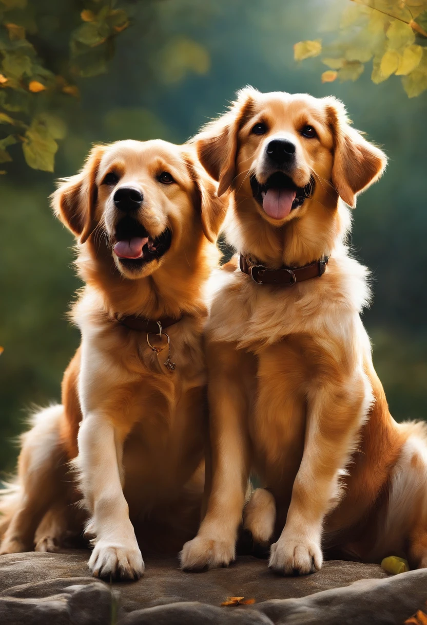 dog, golden retriver, cream , with another tan dog,  labrador