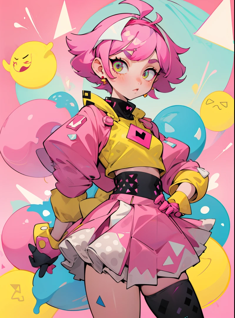 kpop girl with short nice fadecut pink hair, lots of shapes attatched everywhere, random shapes mostly triangle, yellow skirt with polcadots, red gloves, and an 2 antena headband