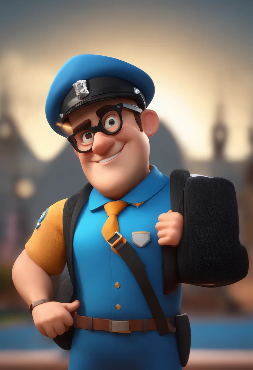 Cartoon character of a man wearing black glasses and a blue shirt, um personagem animado, Caractere estilizado, animation style rendering, 3D estilizado, Arnold Maya render, 3 d render stylized, toon render keyshot, Personagem 3D, Personagem 3D, 3d rendering stylized, 3 d character render, personagem de desenho animado, Personagem de close up, Pose de personagem, (Estilo Pixar) (master part:1.2) (Bokeh) (best quality) (pele detalhada) (textura detalhada) (8k) (argila) (Cinematic lighting) (foco nítido，Senta e vaza a parte superior do corpo