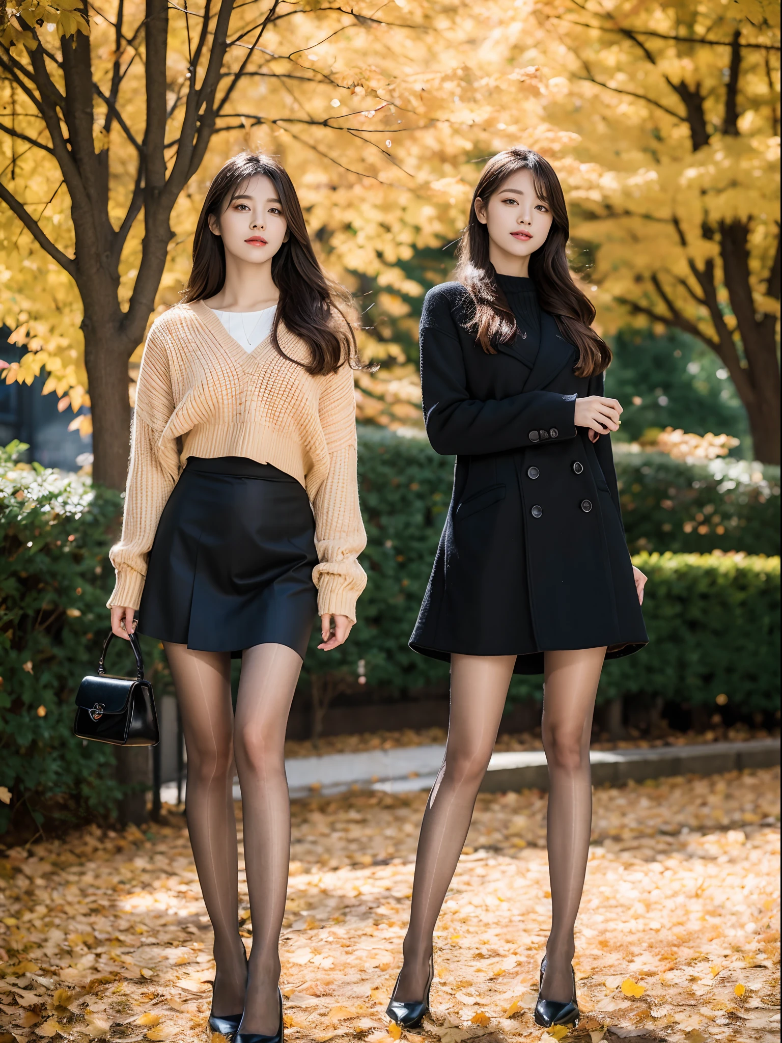 (RAW photo:1.2), (Photorealistic:1.4),Beautiful detailed woman,very detailed eyes and faces, A detailed eye, ultra - detailed,A high resolution, The is very detailed,best qualtiy,illustratio,unified,8k 壁纸,tmasterpiece,best qualtiy,1girl,solo,lacepantyhose,long whitr hair,brown hair,exteriors,a skirt,Manteau,with brown eye,Black shoes,The background is blurred out,bblurry,full bodyesbian,autumnal,fall leaves,looking at viewert,The tree,high-heels,are standing,black pantyhoses