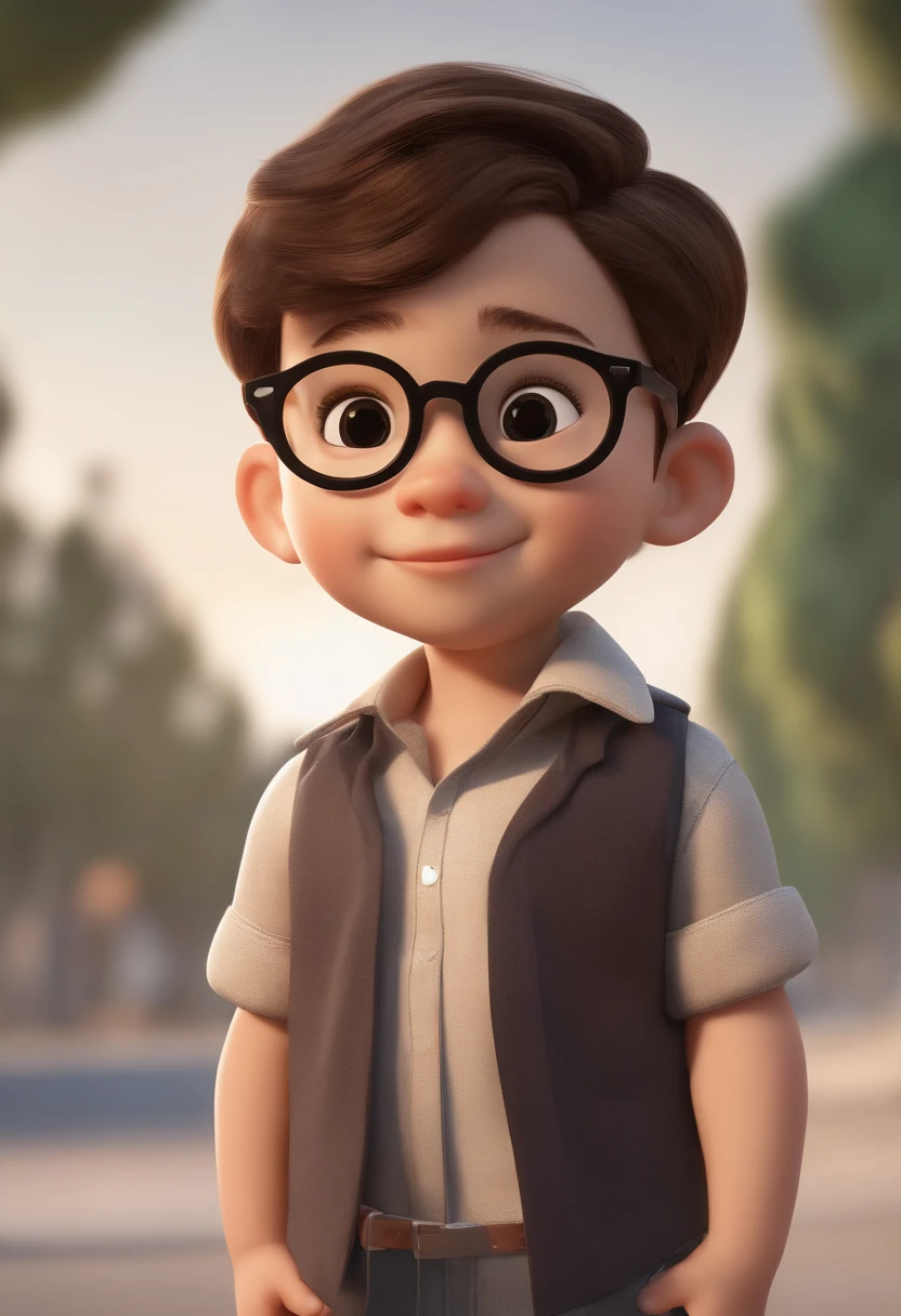 a happy cute kid standing short hair, oculos preto no rosto, cabelo curto castanho, vestindo uma camisa sem manga, , fundo branco, barnet, toon, estilo pixar, 3d, desenhos animados, rosto detalhado, asymmetrical 16k