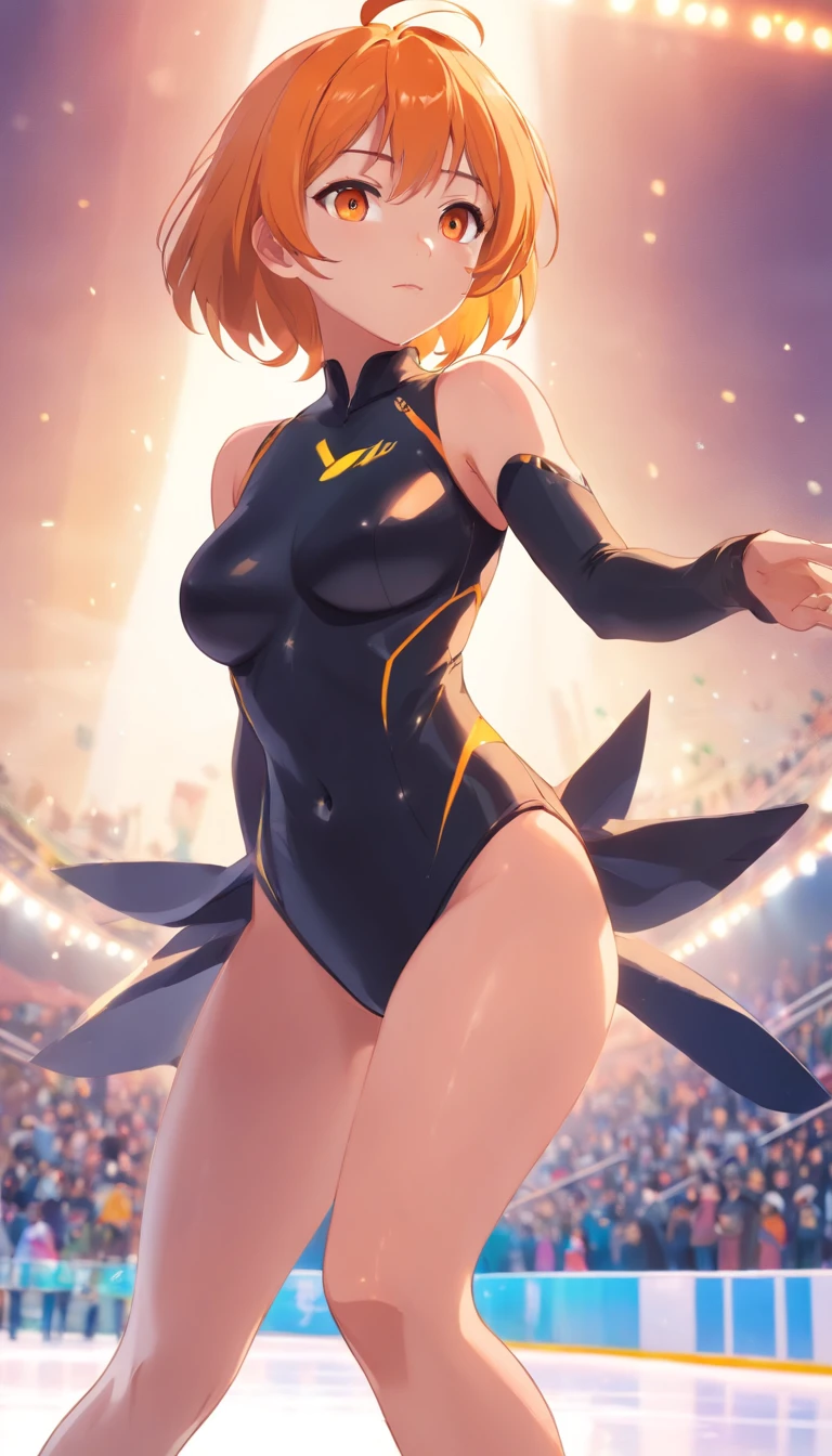masterpiece、top-quality、Movie stills、1 female、Orange hair、Colossal tits、Big ass、black rubber suit、yellow eyes、Large, thick thighs、a short bob、wide hips、ice skating、musculature、Thigh muscles