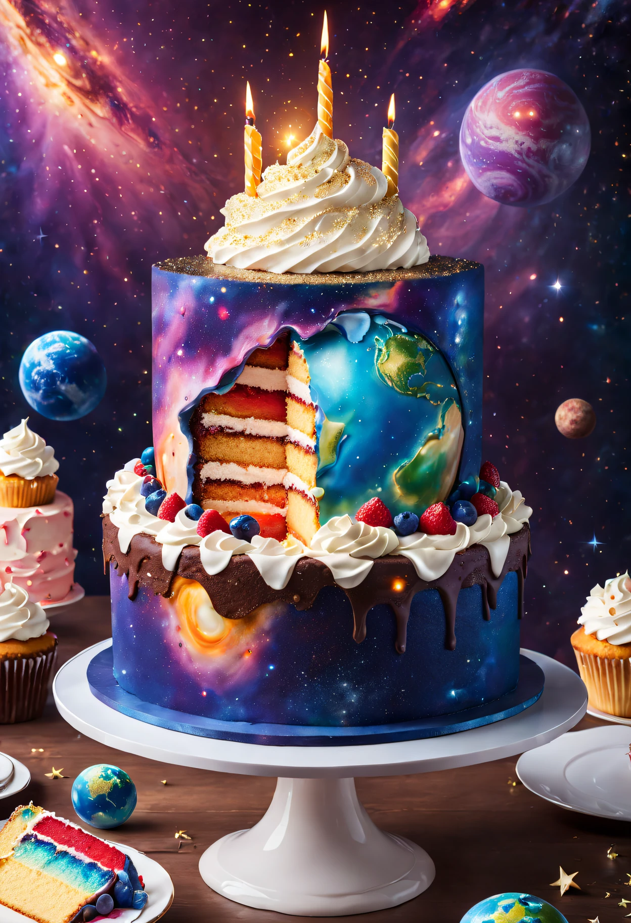 giant Earth surface, super-sized cake, space background, high-res, ultra-detailed, realistic lighting, vivid colors, professional, concept art, delicious and tempting cake centerpiece, mouth-watering cream and frosting, intricate cake decorations, sparkling edible glitter, mesmerizing galaxy backdrop