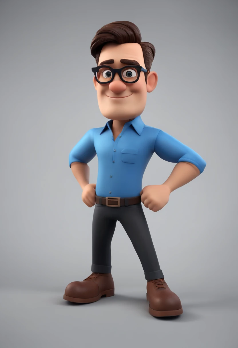 Cartoon character of a man wearing black glasses and a blue shirt, um personagem animado, Caractere estilizado, animation style rendering, 3D estilizado, Arnold Maya render, 3 d render stylized, toon render keyshot, Personagem 3D, Personagem 3D, 3d rendering stylized, 3 d character render, personagem de desenho animado, Personagem de close up, Pose de personagem, (Estilo Pixar) (master part:1.2) (Bokeh) (best quality) (pele detalhada) (textura detalhada) (8k) (argila) (Cinematic lighting) (foco nítido，Senta e vaza a parte superior do corpo