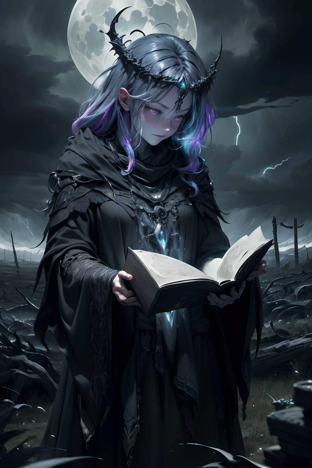 (best quality,4k,8k,highres,masterpiece:1.2),ultra-detailed,(realistic,photorealistic,photo-realistic:1.37),dark,atmospheric,chaos witch,midnight garden,ethereal beauty,enchanting,spellbinding,mysterious,eyes flickering with magic,flowing robes,levitating,casting intricate spells,tangled vines,glowing crystals,moonlit shadows,dark energy swirling,ominous storm approaching,darkness engulfing the landscape,haunting presence,intricate tattoos ,witchcraft symbols,charmed amulets,crackling energy,thunder and lightning,moonlight piercing through the clouds,mystical creatures emerging,whispers of ancient magic,endless abyss of knowledge,powerful incantations,cauldron brewing,otherworldly coven,symbols of the elements,iridescent aura,whispering spirits,summoning the forces of nature,dark forest,moonlit alter,storms of chaos rumbling,spellbook filled with forbidden knowledge,unleashing untamed magic.