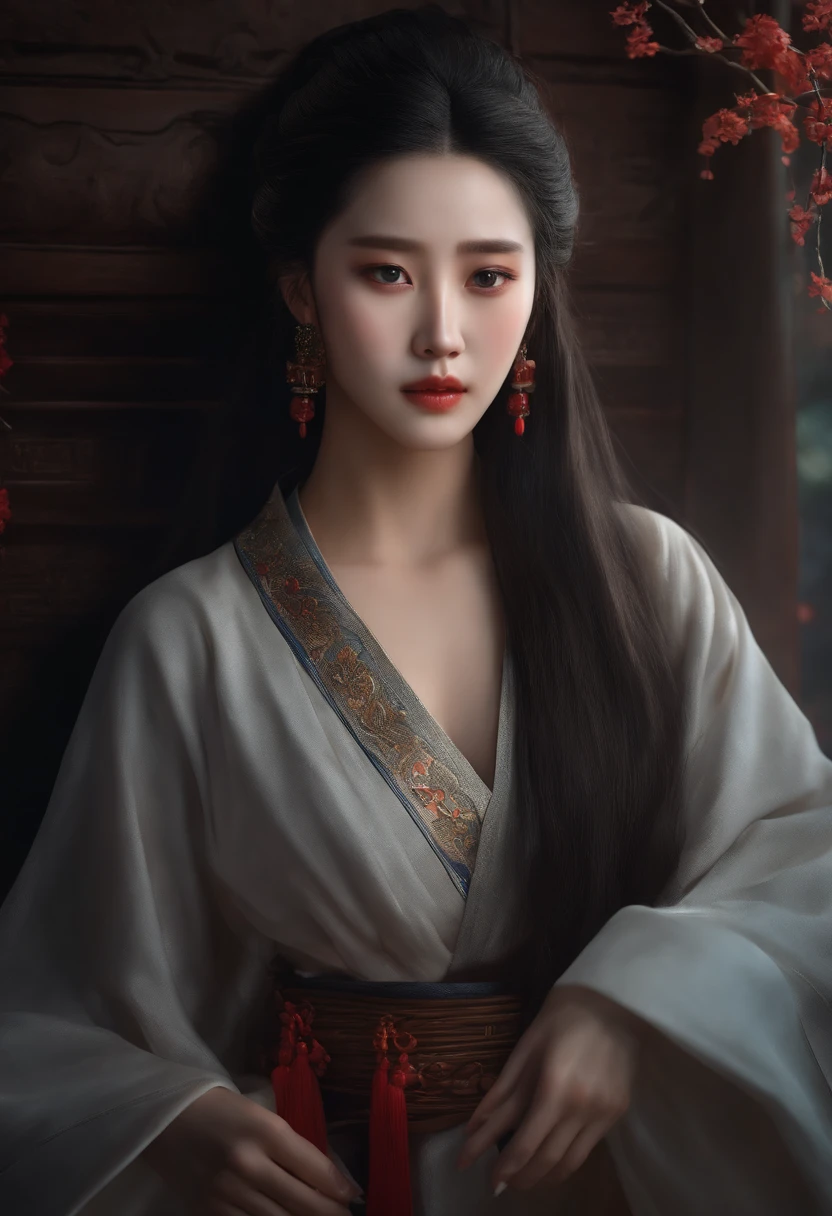 A realistic face bust of the long-haired girl Xiao Zhan，Tears in the corners of the eyes，Chinese ancient style。