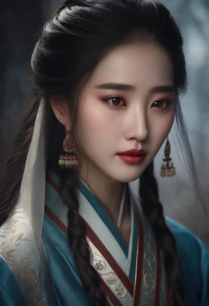 A realistic face bust of the long-haired girl Xiao Zhan,Tears in the corners of the eyes,Chinese ancient style。