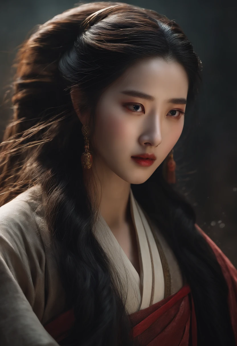 A realistic face bust of the long-haired girl Xiao Zhan,Tears in the corners of the eyes,Chinese ancient style。