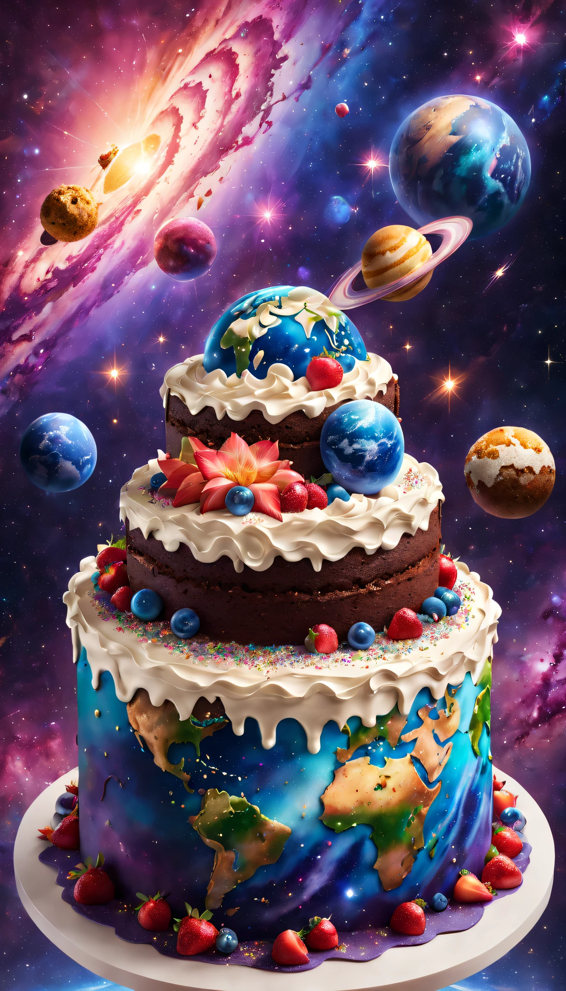 Huge earth's surface, Oversized cake, space backdrop, High-res, Ultra-detailed, Realistic lighting, Vivid colors, professional, concept-art, Delicious and tempting cake arrangement, Mouth-watering cream and frosting, Intricate cake decorations, Sparkling edible glitter, Mesmerizing galaxy background