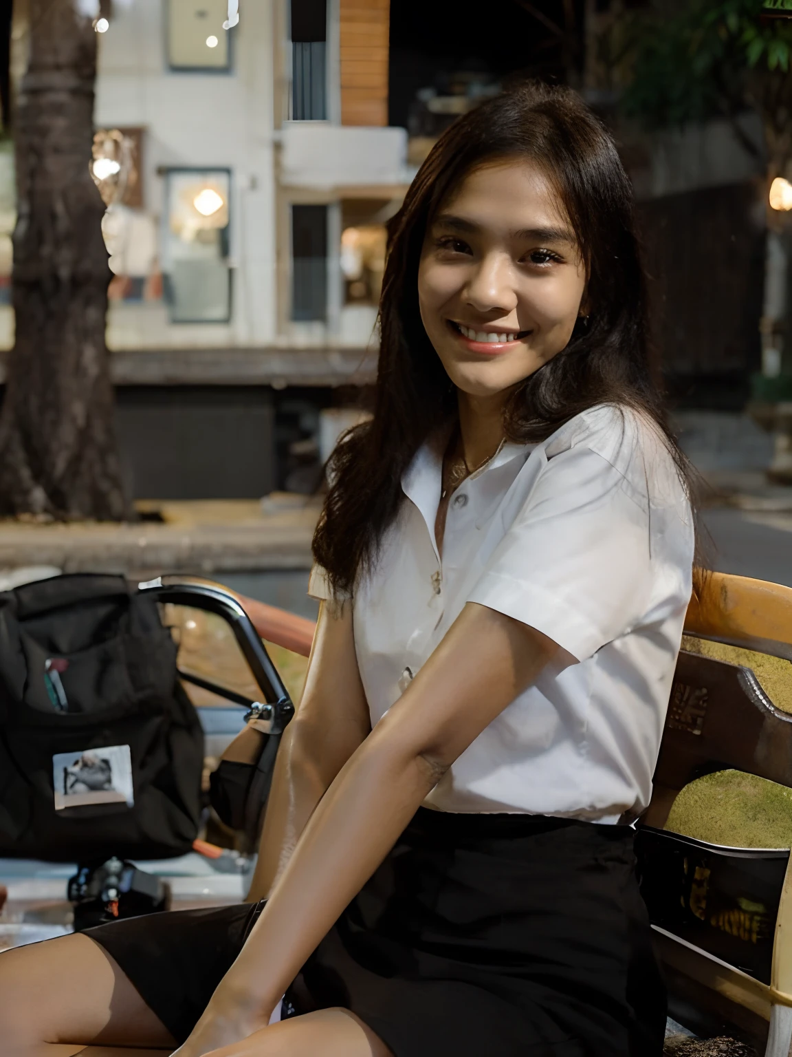 /Imagine a student A 20-year-old Thai woman named Fah has a beautiful face and striking black hair. Immerse yourself, sitting and eating together on the side of the road.  ,She sat opposite, waiting with a lovely smile.  ,Bright,light at night,