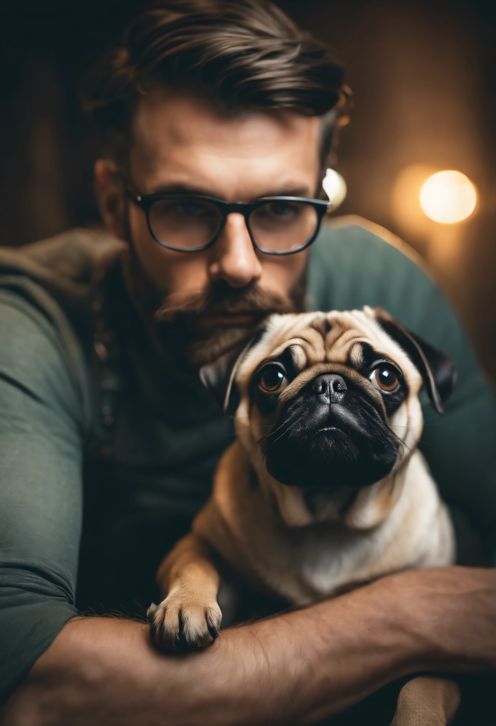 A hipster man with green eyes posing for a photograph with his tiny pug, head to head, hyper realistic, crystal clear image