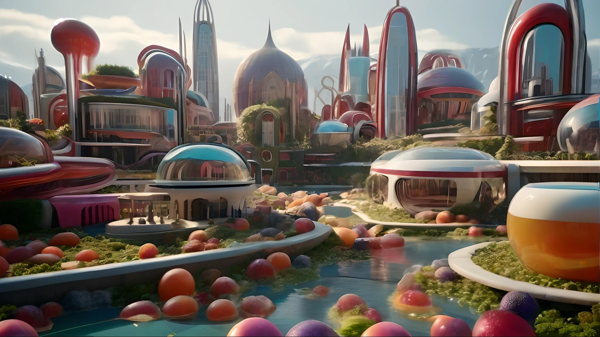 A futuristic city with a river and lots of fruit in the foreground, Solarpunk Village, Utopian sci-fi style, Utopia City, Solarpunk City, Downtown Solarpunk Utopia, Futuristic utopia, otherwordly futuristic city, A futuristic utopian city, Solarpunk Canteen(Solarpunk Canteen), Surreal sci-fi set design, Solarpunk Futuristic Utopia, beautiful city of the future