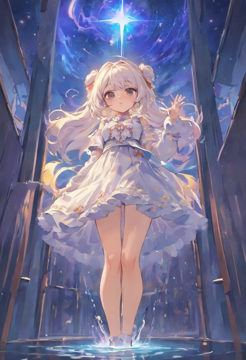 Lori huge breasts cleavage，adolable，mediuml breasts，long  white hair，White ta，Bare legged，Stand under the stars，Look at the camera shyly，Holding urine，The pee came out，His hand grabbed the hem of the skirt，There is a large amount of clear fluid coming out of the legs