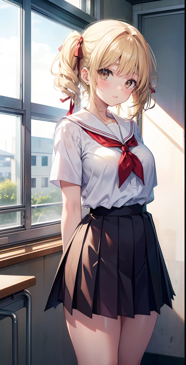 best quality, master piece, portrait, arms behind back, 1 girl, (eyebrow), (nose), (ear), (mouth), (lips), short curly hair, (light effect on hair), bangs, highlights , several sawachika, Double tails, long hair, blonde hair, medium breasts, (brown eyes), hair ribbon, School uniform, Red pleated skirt, Looking at Viewer, classroom, thick legs, thick thigh, background scenery perfect, in the school yard, lighting, beautiful day