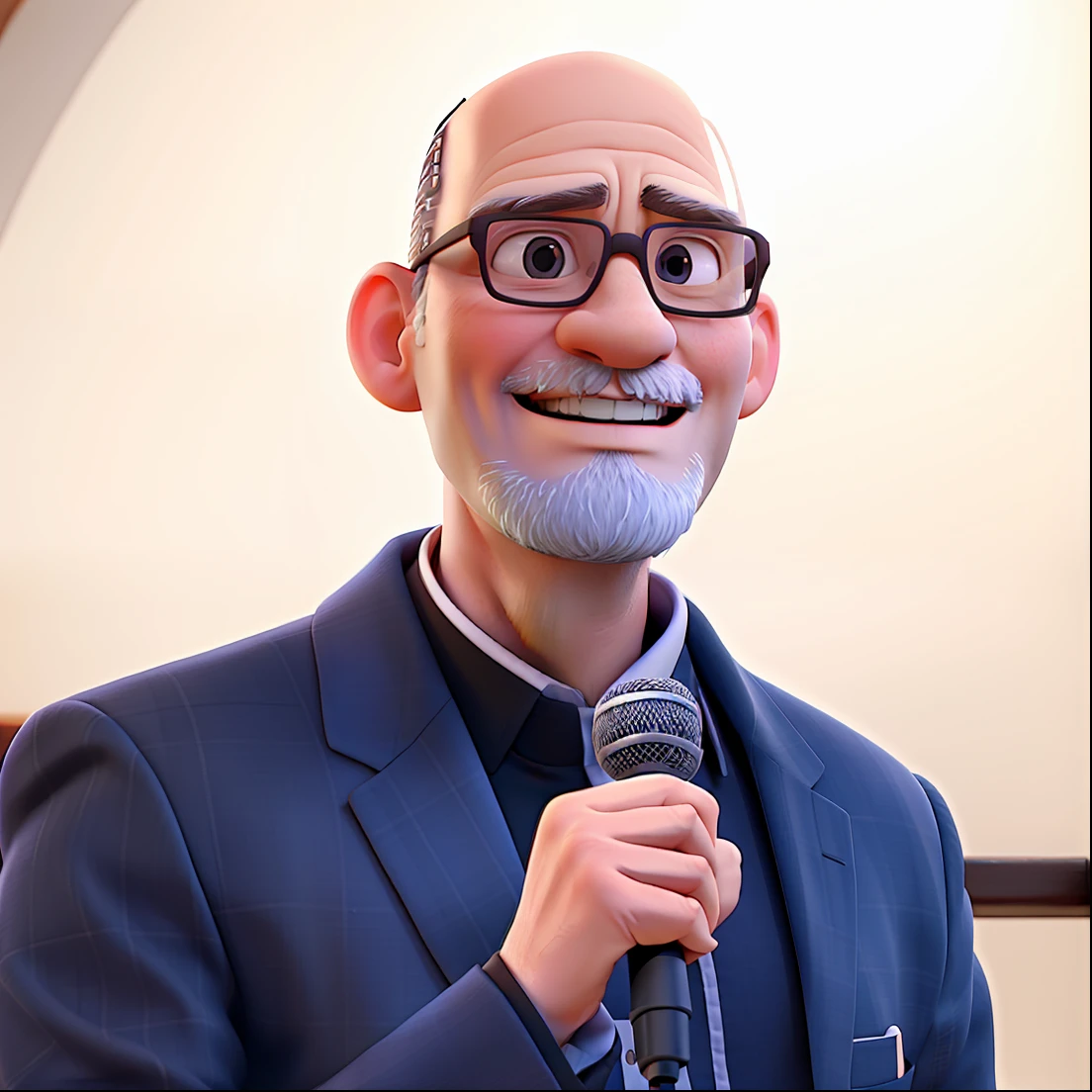 Oldest pastor of an evangelical church, wears glasses, is bald, He's got a goatee and he's holding a microphone