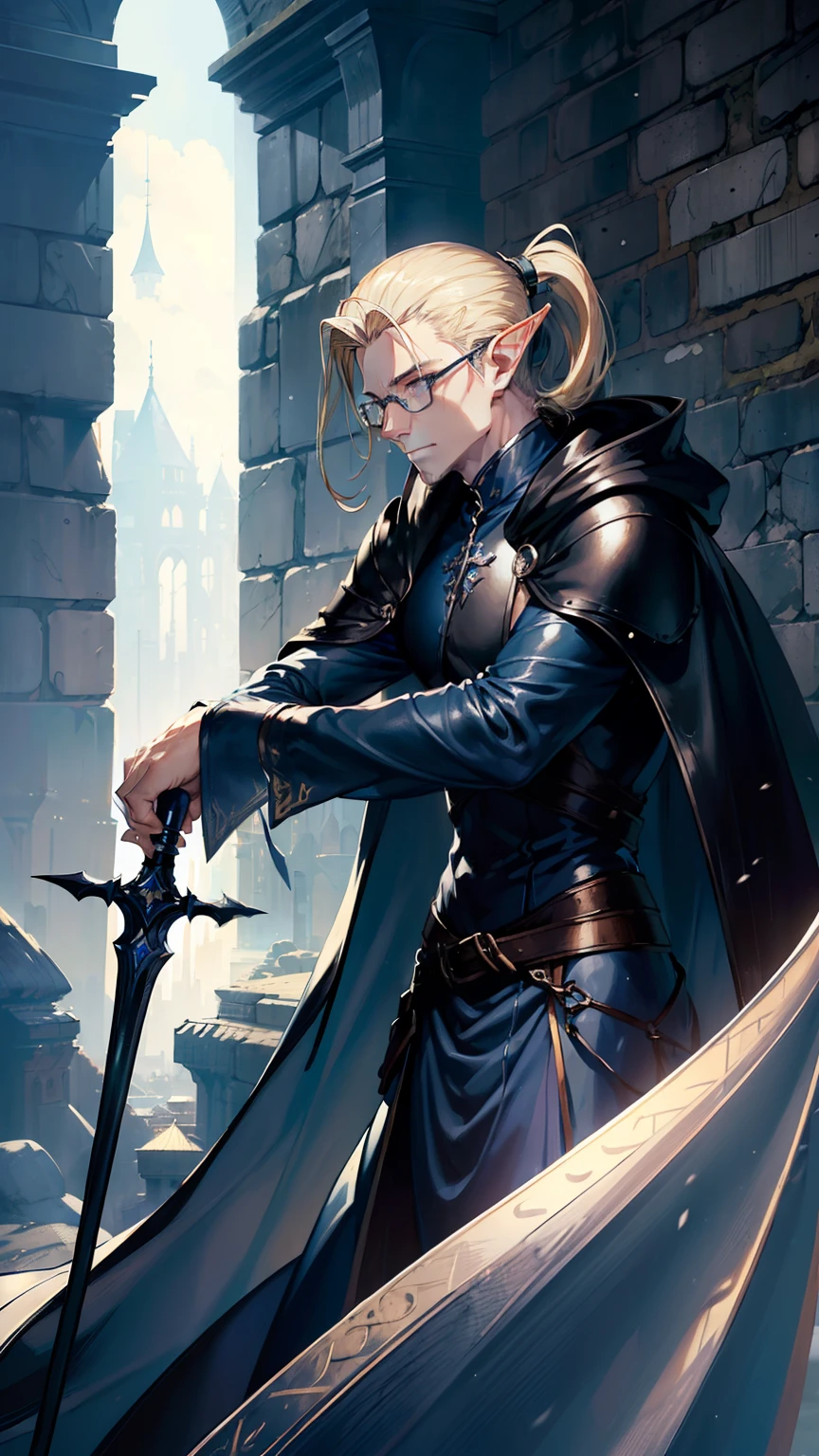 (((((male))))), masterpiece, ultra detailed, 8K Portrait, Raw photo, man's portrait photography, Highly detailed face, beautiful and meticulous eyes, ((Fantasy)), 35 years old (((man))), (((Male body))), elf, 190 cm, tall, Glasses, ((Blonde)) Ponytail (((slick back hair))), Kind face, Smile, adventurer, Hooded (((Dark blue silk long cloak))) Fluttering in the wind, (((Male White leather Armor))), Leather boots, Holding a long magic sword, Midday Sun, Hyper realistic, Strong body, Long legs, in a castle, Ambient lighting, Shadow details , Camera focus on face, strong breeze, Light fog