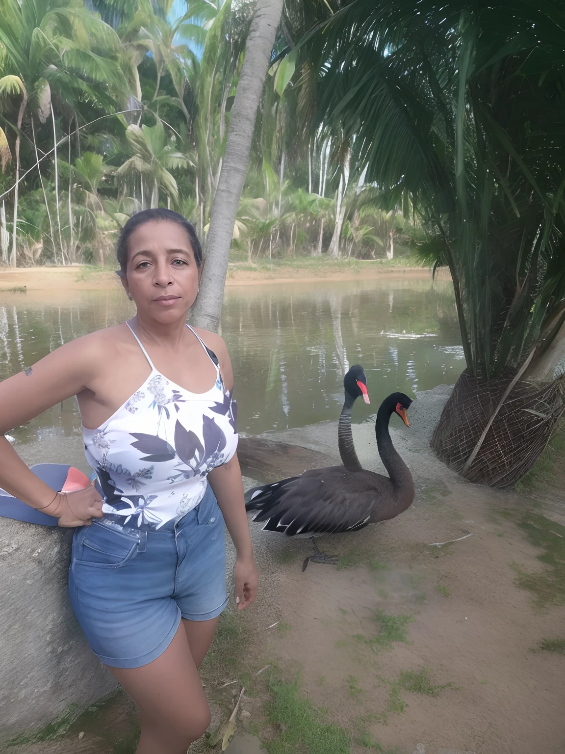 There's a woman next to a black swan in a pond, cisnes negros, ela tem cerca de 20 anos, with great birds, ela tem cerca de 2 0 anos, ela tem cerca de 1 6 anos de idade, ela tem cerca de 2 a 5 anos de idade, cerca de 20 yo, com palmeiras nas costas, Mulher de 30 anos de Cuba