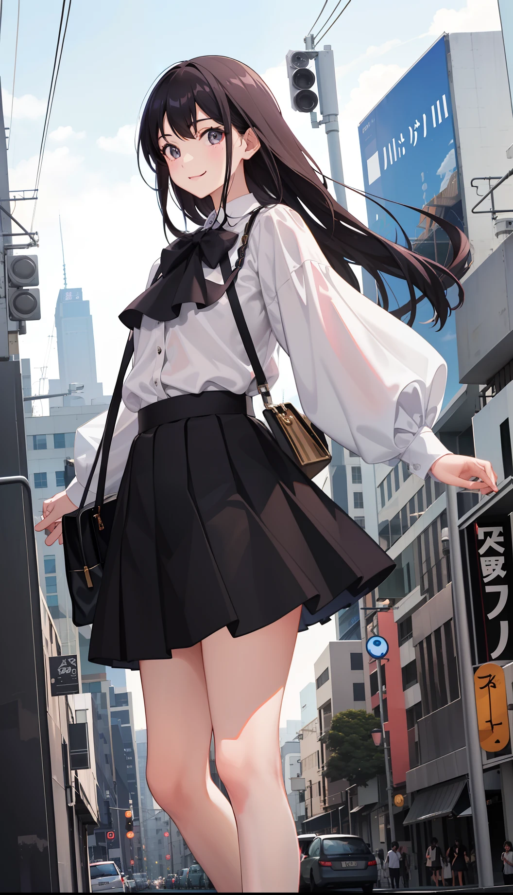 1girl in、A smile、The shirt、Blouse、（paler）skirt by the、（small tits）Chilarism、movement、