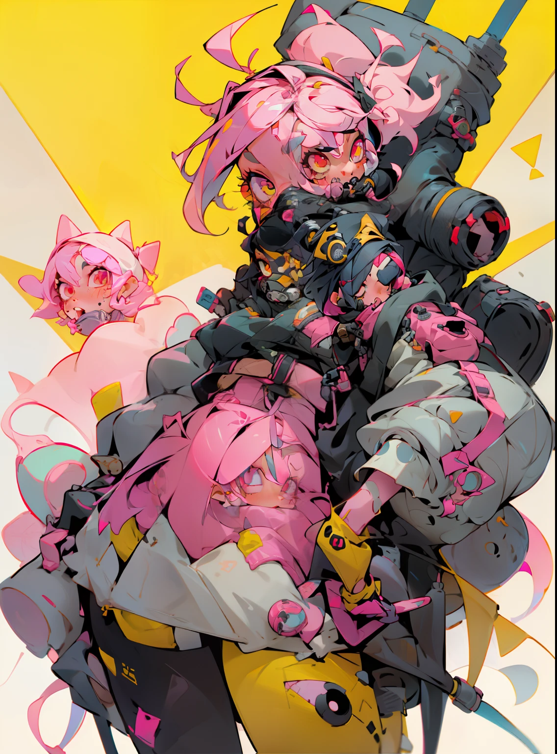 kpop girl with short nice fadecut pink hair, gass mask, lots of shapes attatched everywhere, random shapes mostly triangle, yellow skirt with polcadots, red gloves, and an 2 antena headband