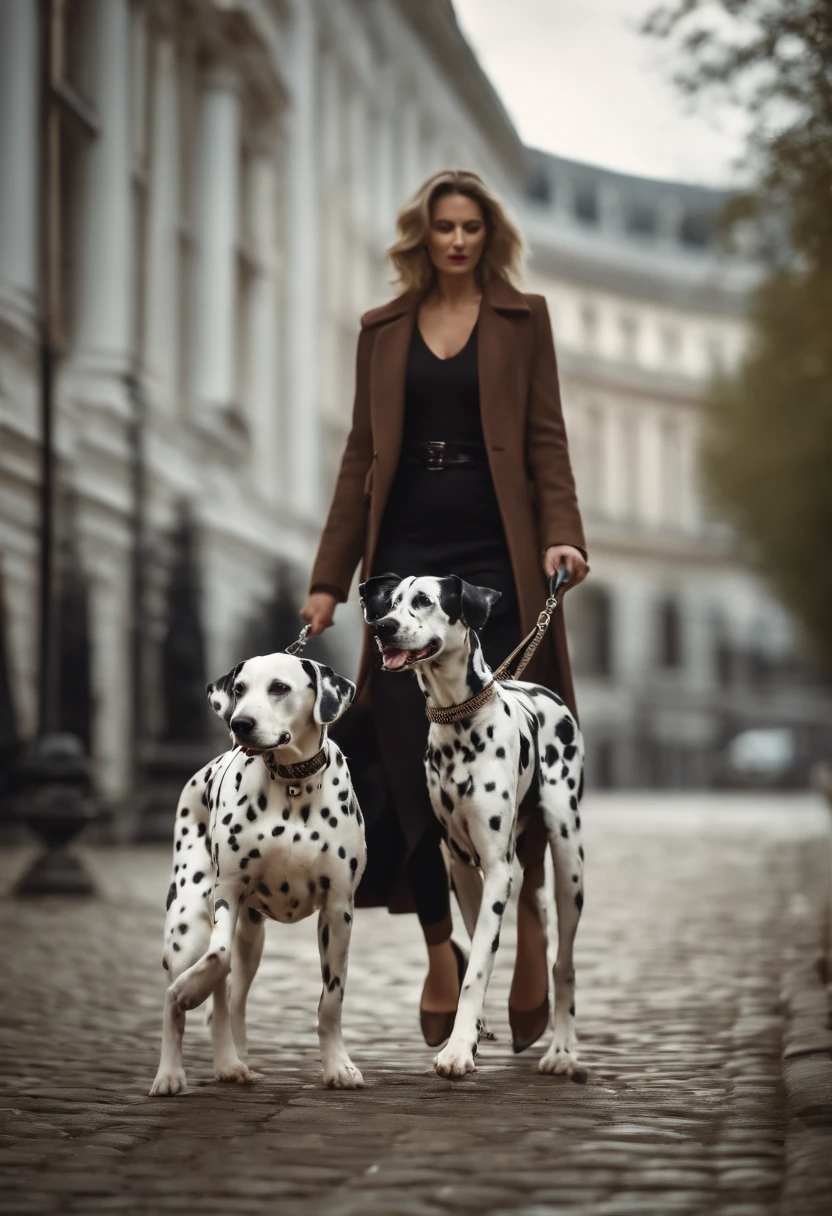 A Beautiful high class woman walking her Dalmatian, posing for a photograph with her Dalmatian, hyper realistic, crystal clear image