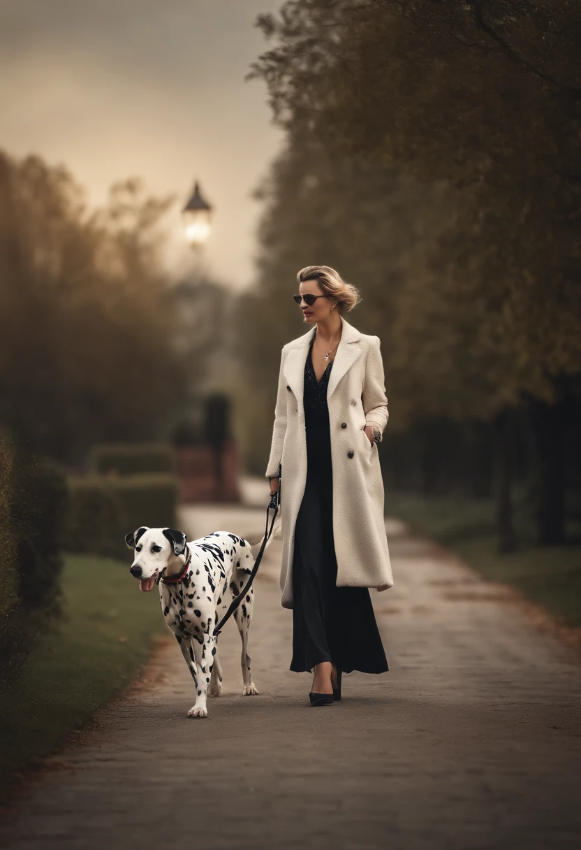 A Beautiful high class woman walking her Dalmatian, posing for a photograph with her Dalmatian, hyper realistic, crystal clear image