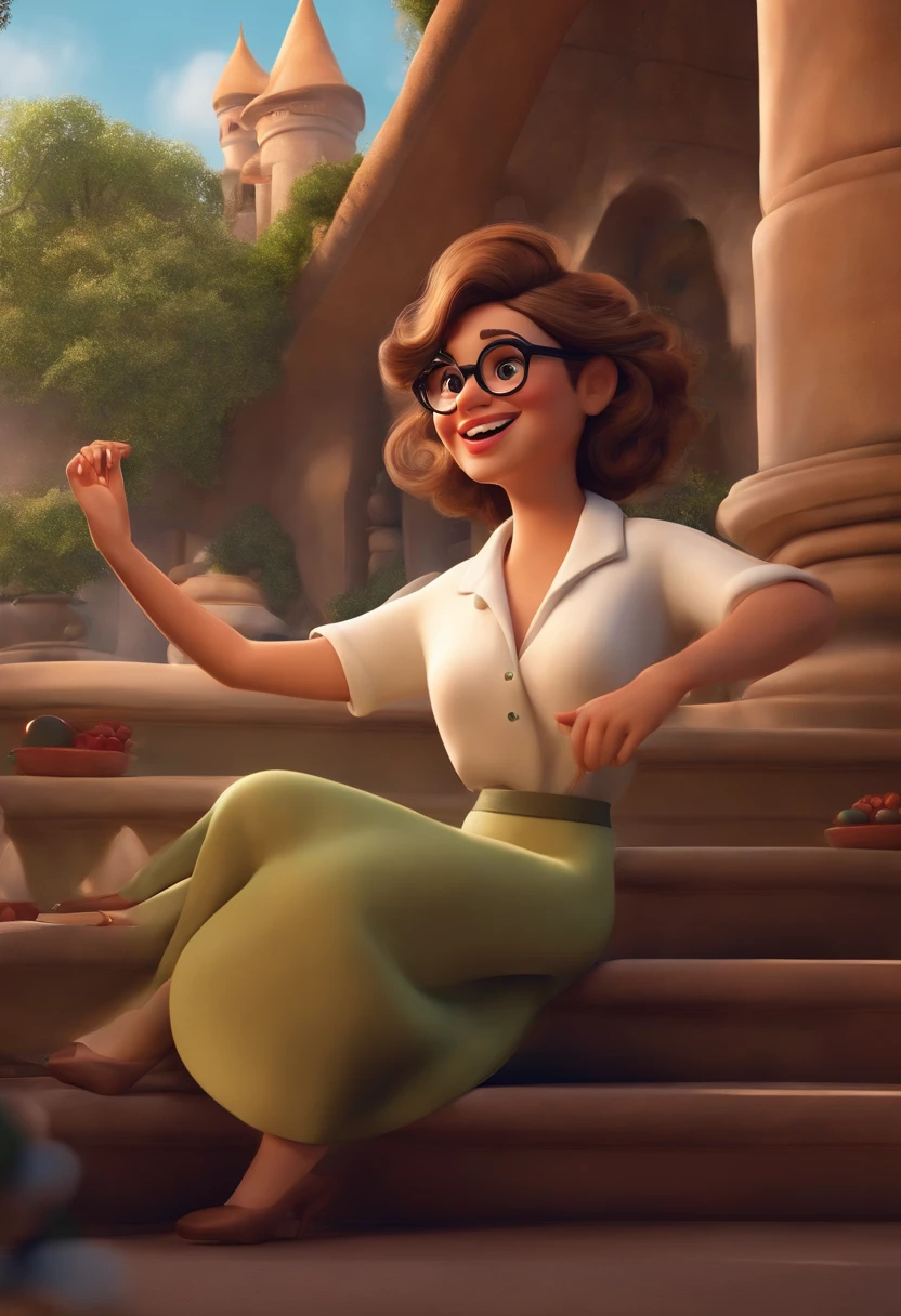 "(best quality,ultra-detalhado,Realistic:1.37),3D rendering,illustration,design de personagens,cabelos curtos e cacheados escuros,belos olhos detalhados,wearing white glasses,Estilo Pixar,morena mulher,Dancing on the Disney stage,atmosfera animada,vivid colors,luzes de palco,expression joyful"