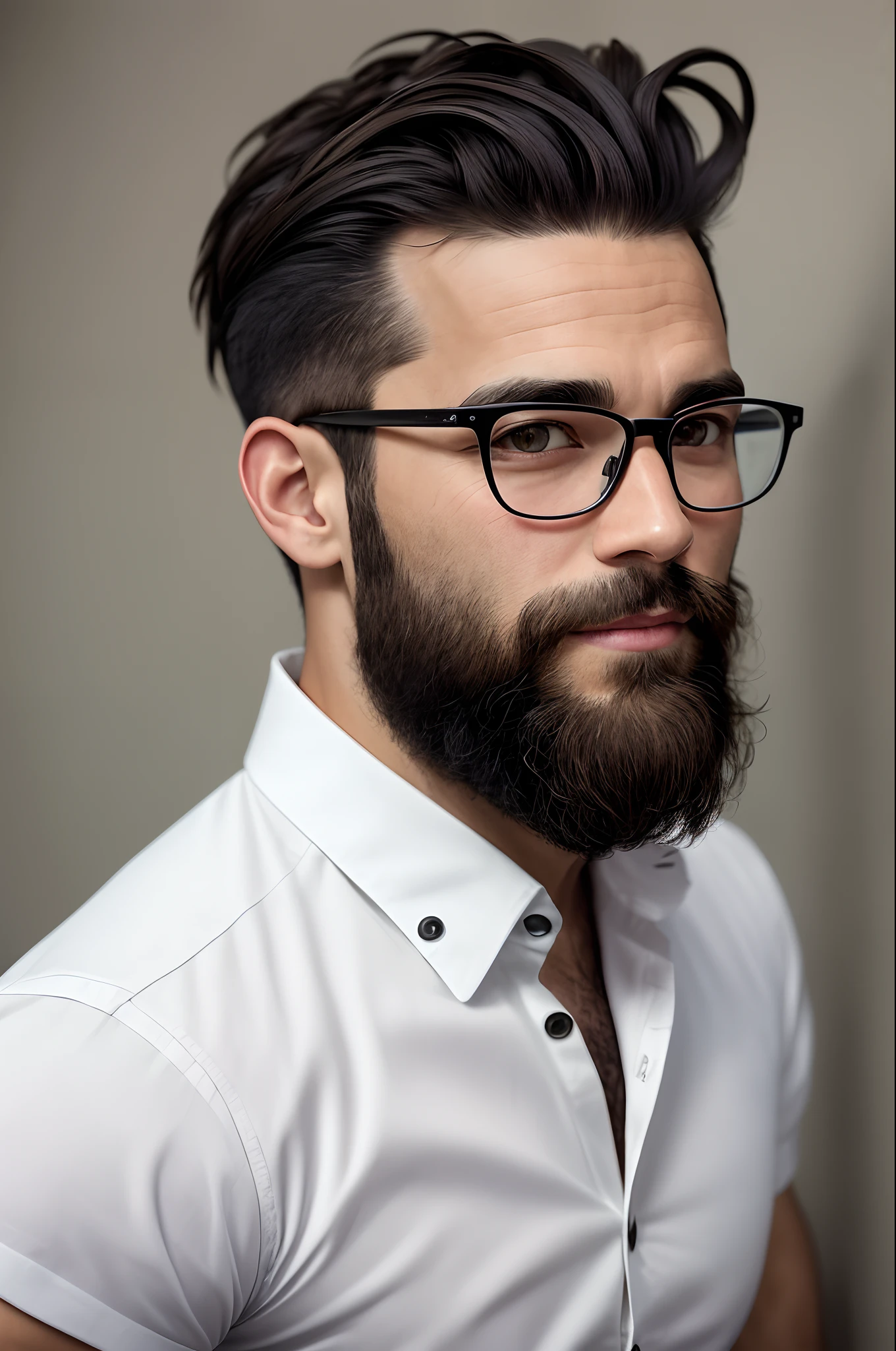 Handsome 39-year-old man with very short dark gray hair on sides and a high spiky top, a long forehead, white skin, a small nose and small eyes, grayish brown middle-sized beard and rectangular glasses with a black rim, wearing a black and white flowered shirt and white shorts showing his hairy legs