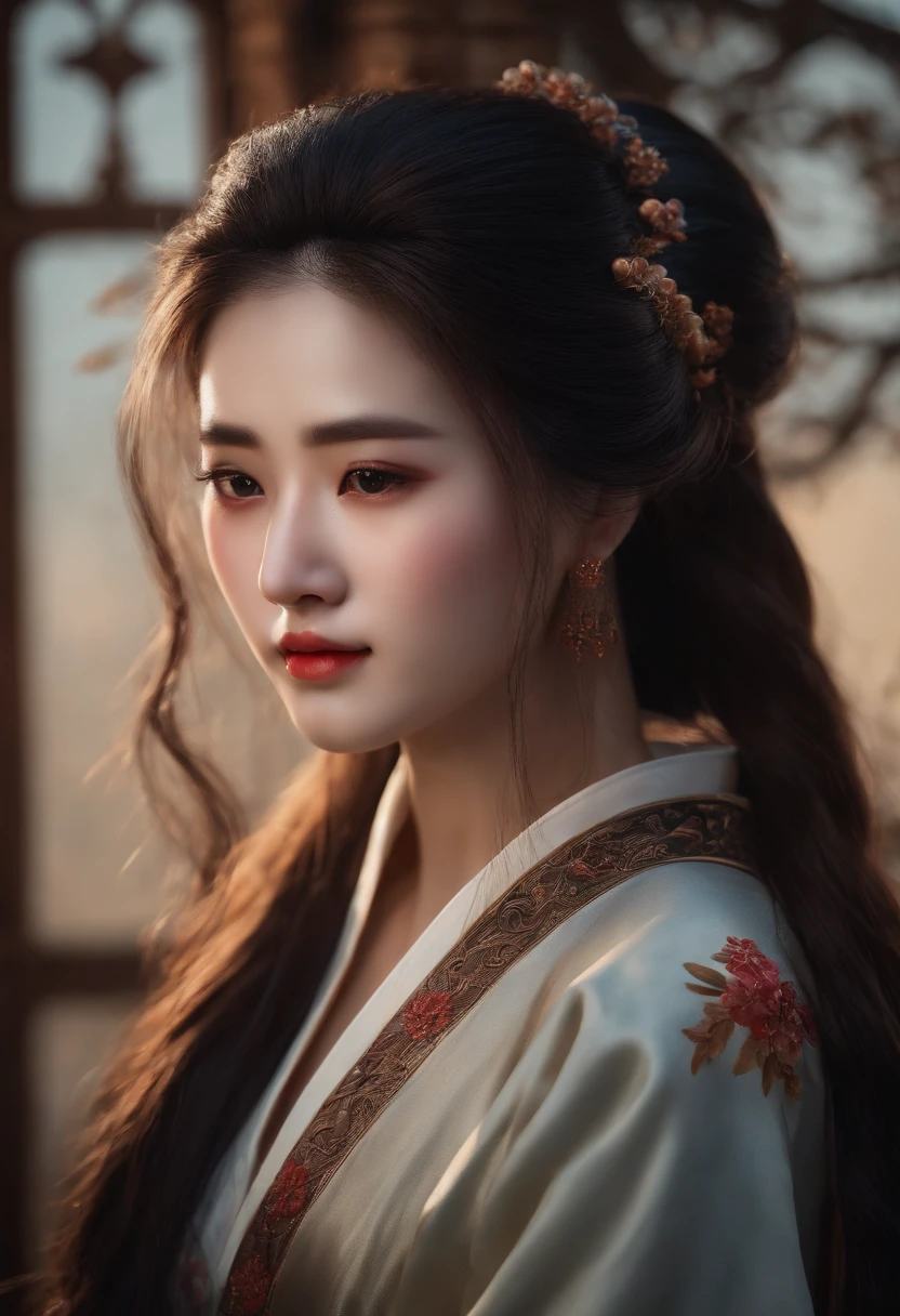 Create an image of a beautiful woman wearing a sexy Japanese princess outfit., The see-through fabric is so thin that the wearer&#39;s nipples and skin can be seen., She can spread her legs wide to show off her genitals., She has a slim face., sharp eyes, long hair, responsive face, high nose, and thin lips, Her breasts are 32 inches long with pink nipples., Her waist is 24 inches., Her hips are 33 inches., Her skin was bright and white., She has light brown hair., And her figure was slim and slightly muscular..