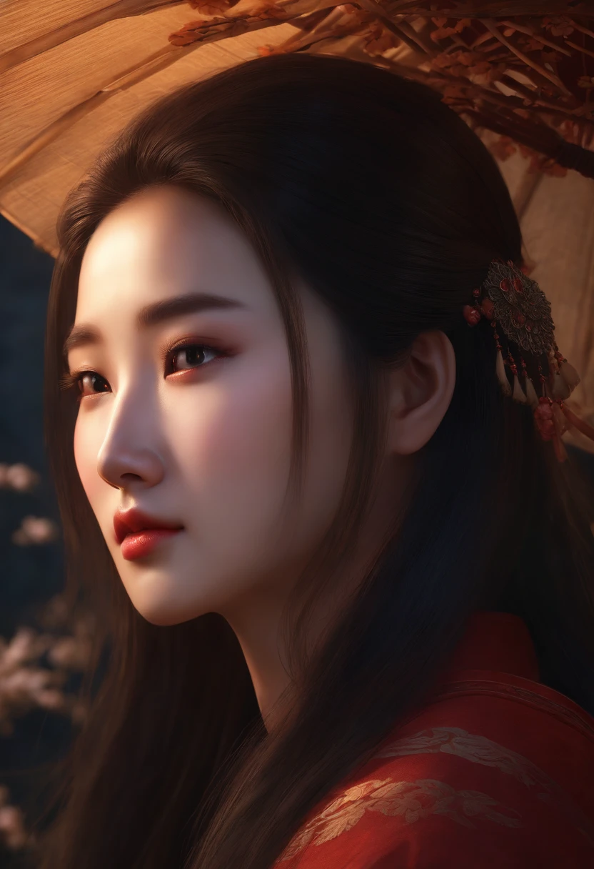 Realistic face bust of a girl with long hair,Tears in the corners of the eyes,Chinese ancient style。Moonlit environment。