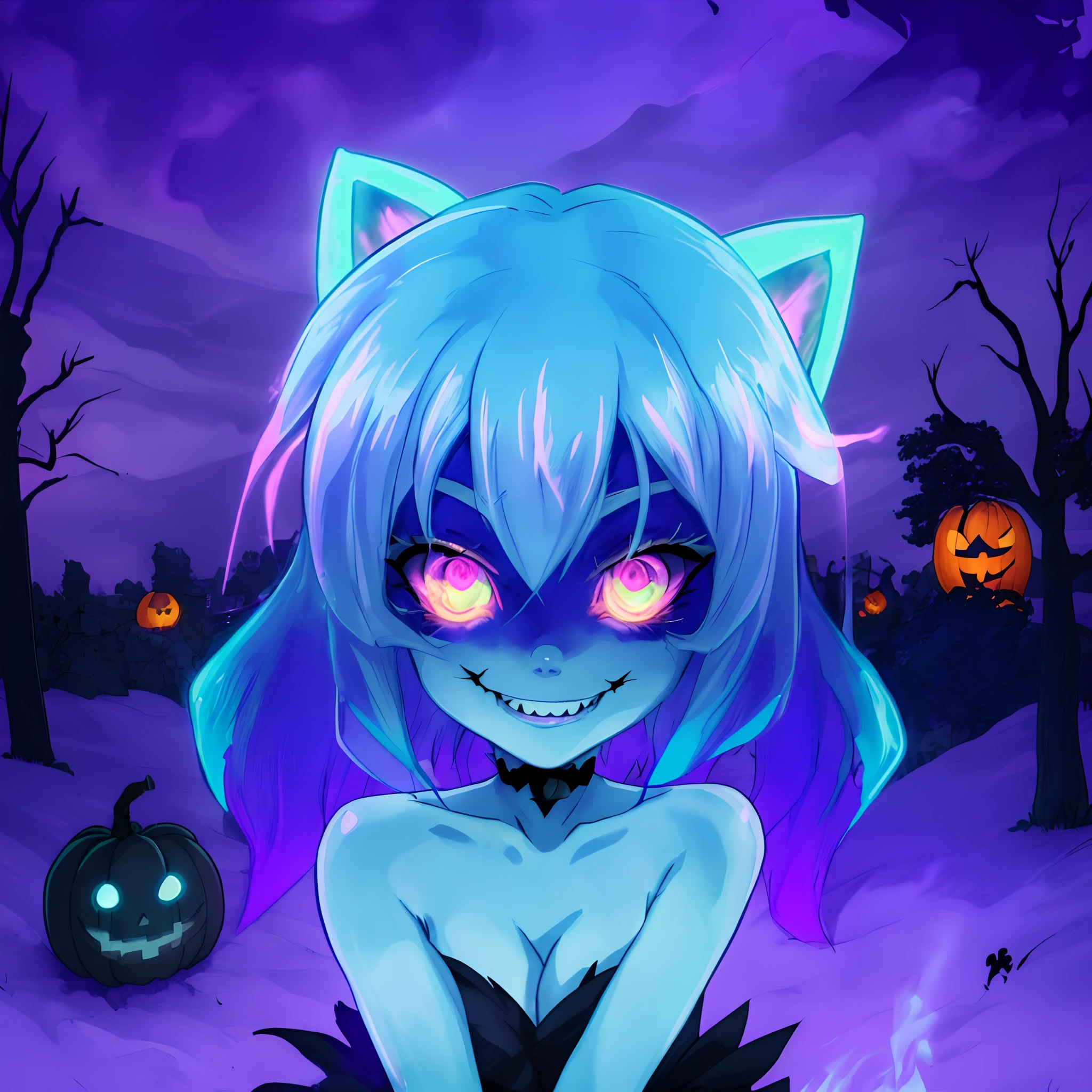 anime girl with blue hair and cat ears in a graveyard, halloween art style, chibi monster girl, evil smile and glowing eyes, creepy kawaii, anime monster girl, in a halloween style, monstergirl, monster girl, with glowing eyes, loli, anime moe artstyle, demon girl, portrait of jinx from arcane, halloween night, pale young ghost girl