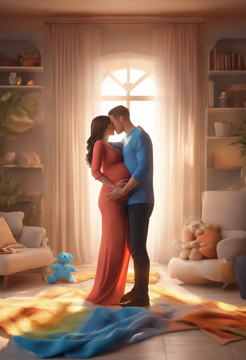 A husband and wife 5 months pregnant with twins and a 2 1/2 year old son sucking on a pacifier holding a blue blanket hugging each other in a cute place