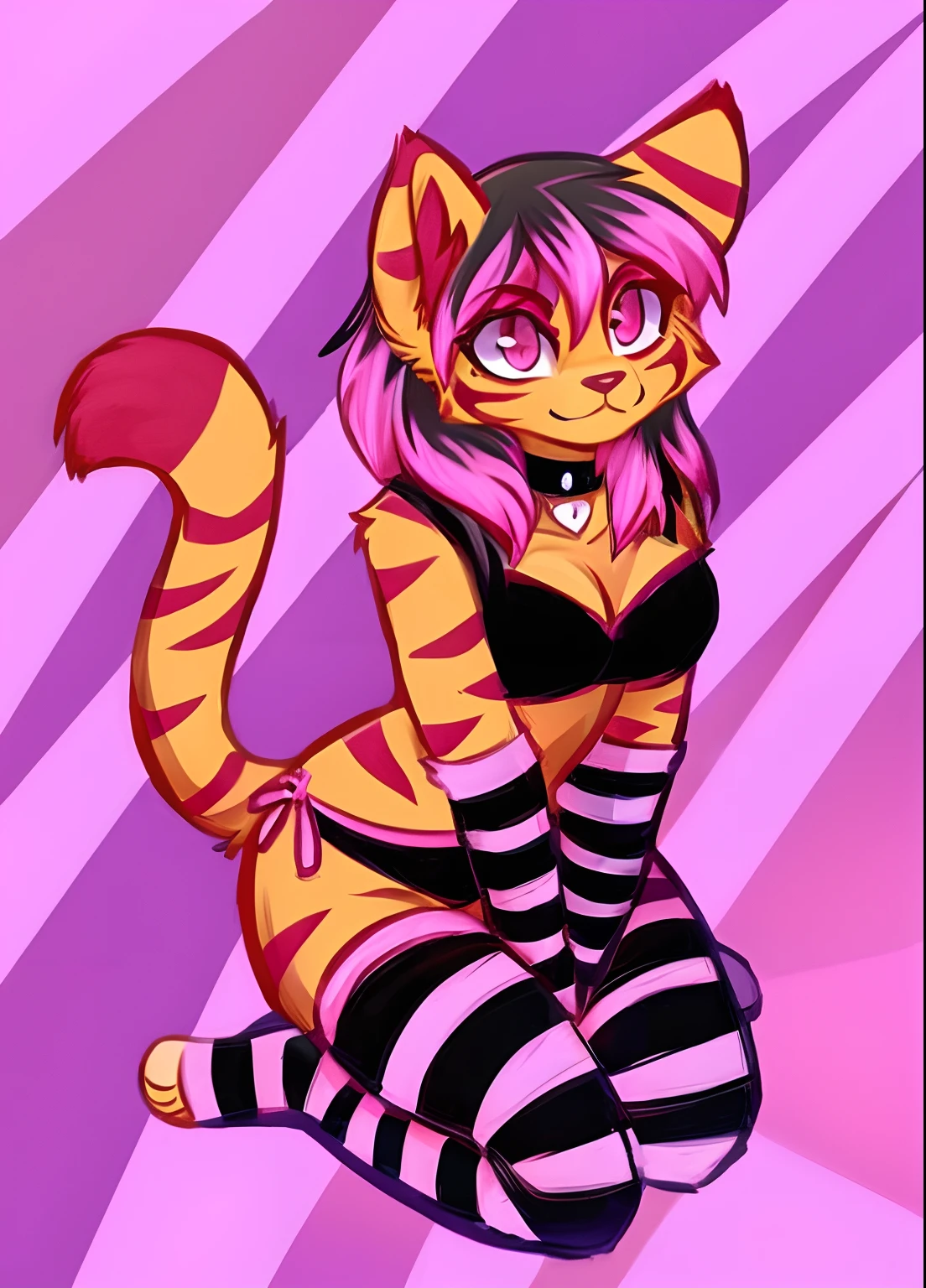 tiger, anthro, female, cherry pink stripes, cherry pink details, cherry pink eyes, medium black hair, using a black choker