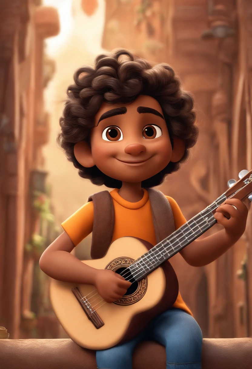 crie um banner no estilo Pixar. A boy with Indian features, moreno pardo com cabelos curtos, Castanhos escuros, Curly and slightly grayish appearance, mas jovem, usando uma camiseta, Wearing jeans and holding a classical guitar with 7 strings.