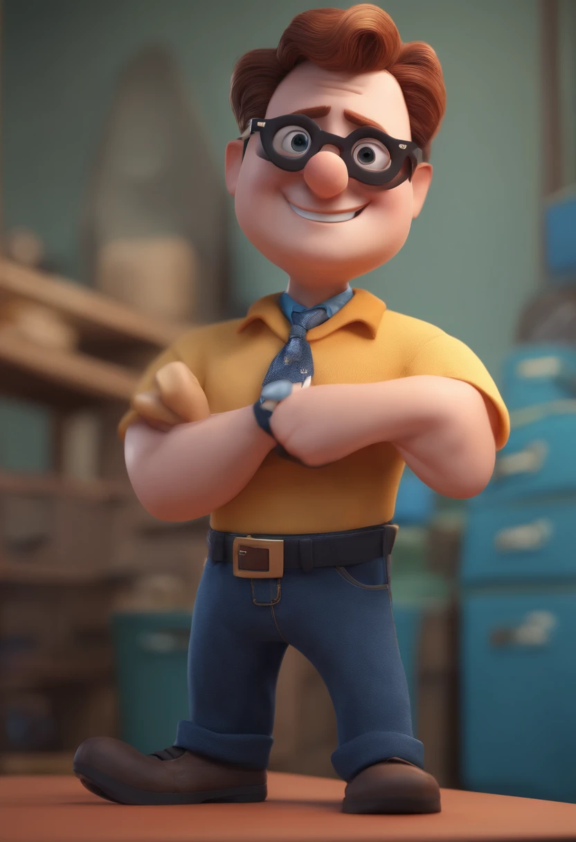 Cartoon character of a man with black glasses and a blue shirt, animation character, Caractere estilizado, animation style rendering, 3D estilizado, Arnold Maya render, 3 d render stylized, toon render keyshot, Personagem 3D, Personagem 3D, 3d rendering stylized, 3 d character render, personagem de desenho animado, Personagem de close up, Pose de personagem,  (Estilo Pixar) (master part:1.2) (Bokeh) (best quality) (pele detalhada) (textura detalhada) (8k) (argila) (Cinematic lighting) (foco nítido