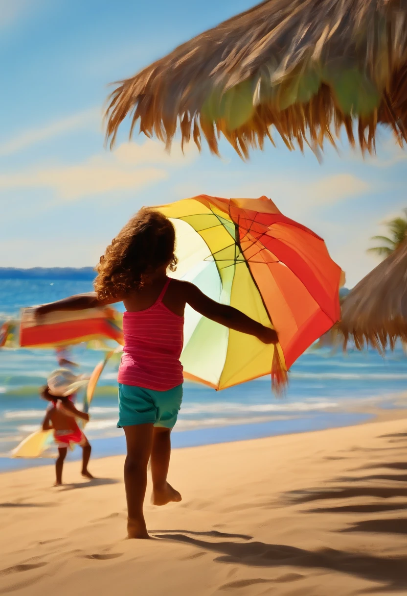 a group of children playing in the beautiful beaches of Nicaragua, sandy beaches with crystal clear turquoise waters, a girl surfing the waves, a boy building a sandcastle, kids running and laughing, colorful umbrellas and beach towels, palm trees swaying in the breeze, vibrant beach atmosphere, sunset casting a warm golden glow over the scene, highres, vivid colors, beach vacation, joyful moments