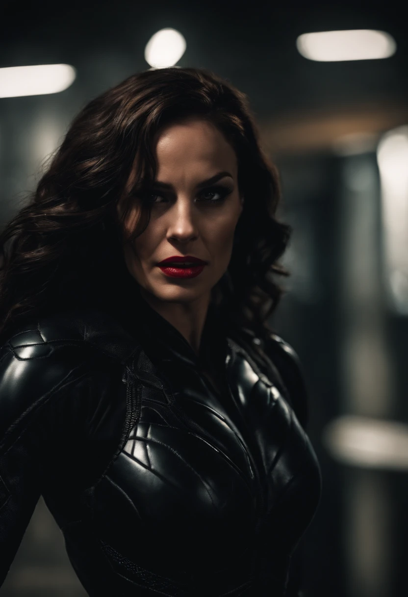 Megan Fox without tattoos as a 20-year-old woman in detailed black widow costume, super detalhado,  Beautiful and Aesthetic, master part, best quality, ..RAW, foto super fina, best quality, super high resolution, Foto realista, sunlight, retrato de corpo inteiro, amazing beauty, dynamic pose, rosto delicado, olhos vibrantes, (lado a lado), She's wearing a Black Widow suit, Very Detailed Abandoned Warehouse Background, rosto detalhado, fundo ocupado complexo detalhado, Messy, gorgeous, detalhes realistas da pele, visible pores, foco nítido, Realismo Hoto, Huge metropolis in future dystopia, visto de baixo, translucent