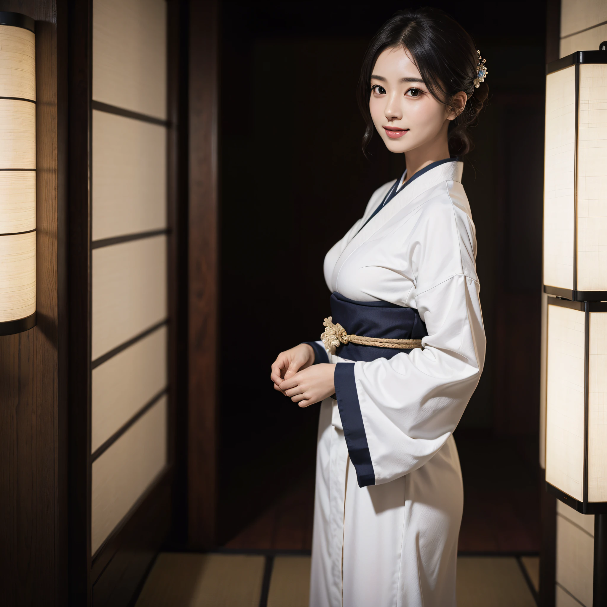 Beautiful woman in neat Japanese clothes、((best qualtiy、8k masterpieces:1.3))、foco nítido:1.2、(ultra beautiful faces:1.0)、(shinny skin:1.0)、photos realistic、A dark-haired、Video Lighting、High-definition eyes and face、Video Lighting、Japan Idol Actress、from the front side、medium breasts、Smile、Slender Abs Beauty、Whole body、In furisode