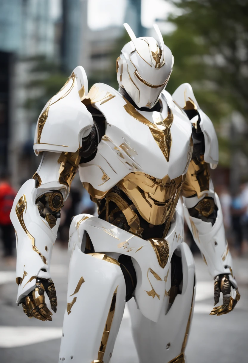 Arafeld robot holding a katana on a city street, heavy white and golden armor, porcelain cyborg armor, Intricate white and gold armor, Knight in armor, glossy white armor, white metal neocubism armor, cyber japan style armor, Dragon-inspired armor, sleek white armor, Intricate white armor, cyber japan samurai armor, in white futuristic armor,Glowing eyes,Knife with glowing lines