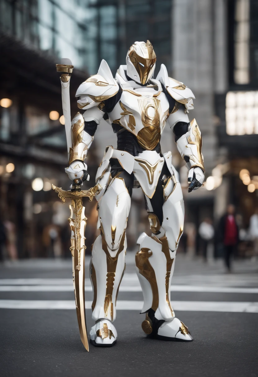Arafeld robot holding a katana on a city street, heavy white and golden armor, porcelain cyborg armor, Intricate white and gold armor, Knight in armor, glossy white armor, white metal neocubism armor, cyber japan style armor, Dragon-inspired armor, sleek white armor, Intricate white armor, cyber japan samurai armor, in white futuristic armor，Glowing eyes，Knife with glowing lines