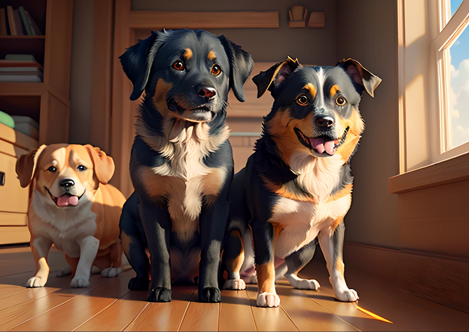 "Dog with several others behind, 3D realistic Disney/Pixar style."