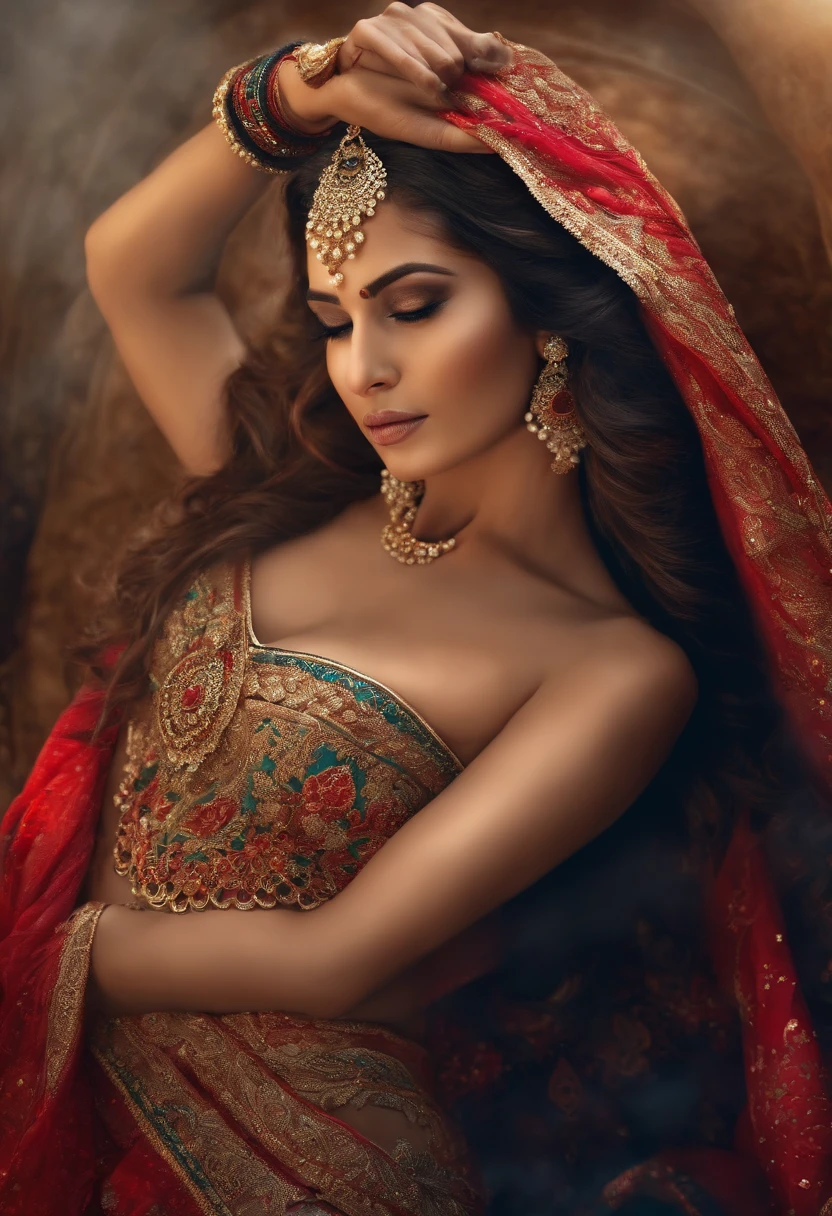 mulher deitada em uma cama, provocative indian, beleza tradicional, tiro extremamente detalhado da deusa, coberto de seda, arabian beauty, Indian Goddess, flowing fabric, karol bak uhd, despido, figura bonita