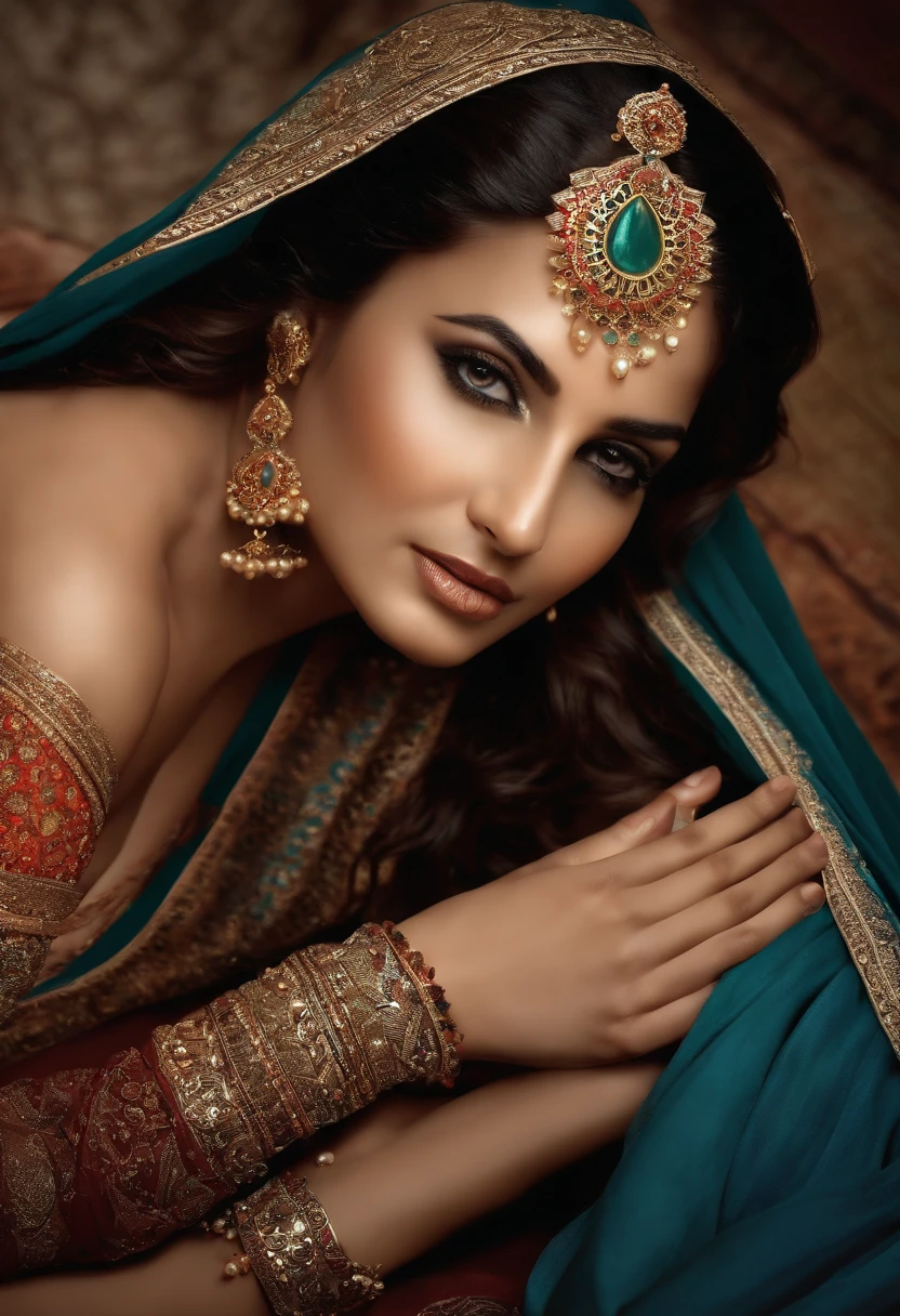 mulher deitada em uma cama, provocative indian, beleza tradicional, tiro extremamente detalhado da deusa, coberto de seda, arabian beauty, Indian Goddess, flowing fabric, karol bak uhd, despido, figura bonita