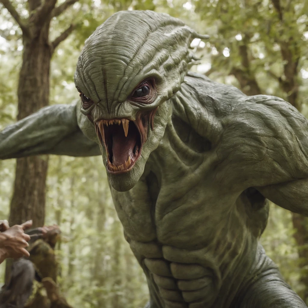 A powerful tree-like monster fighting an alien, photo realistic, film effects, CGI, VFX, SCI-FI, 4K