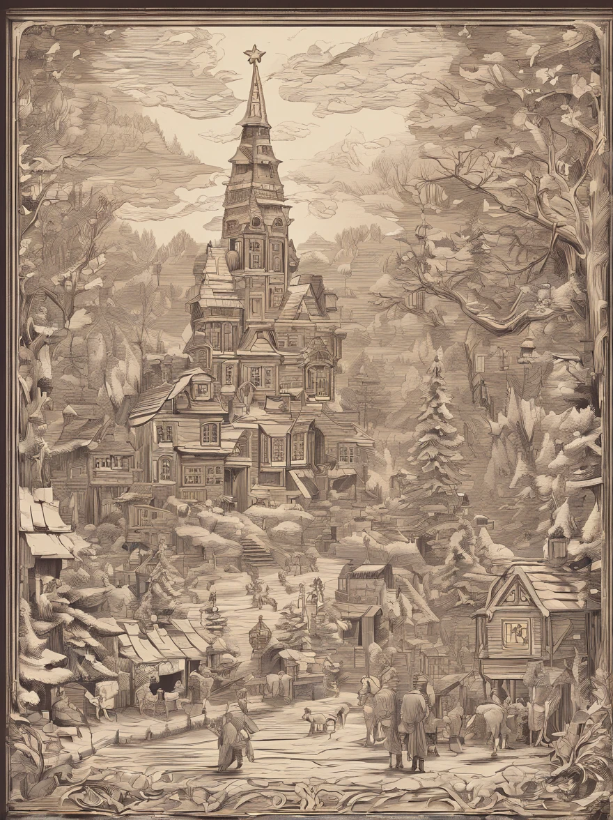 An intricately detailed wood carving of christmas scene, scanlines, Conceptual art, super detail