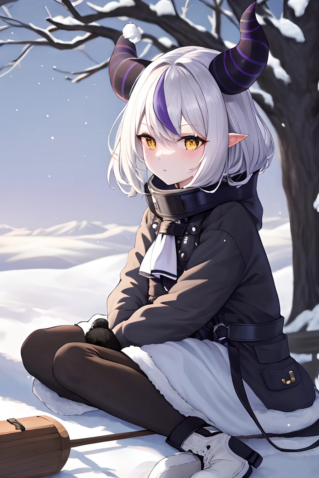 (best quality,4k,8k,highres,masterpiece:1.2), la+ darknesss, white hair, black horns, demon tail, yellow eyes, beautiful woman in winter clothes, snowy place, winter landscape, cozy atmosphere, snowy trees, soft falling snow, warm winter coat, stylish winter hat, snow-covered ground, cold breath, winter boots, peaceful solitude, serene surroundings, tranquil ambiance, subtle winter colors, natural lighting