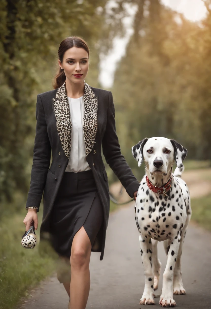 A Beautiful high class woman walking her Dalmatian, posing for a photograph with her Dalmatian, hyper realistic, crystal clear image