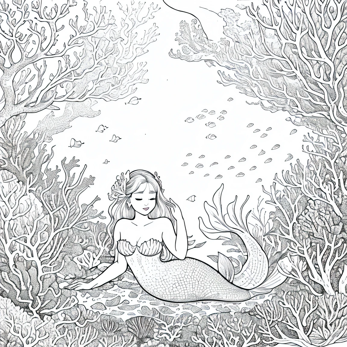 orn8 lineart, mermaid in a coral reef, line art, monochrome