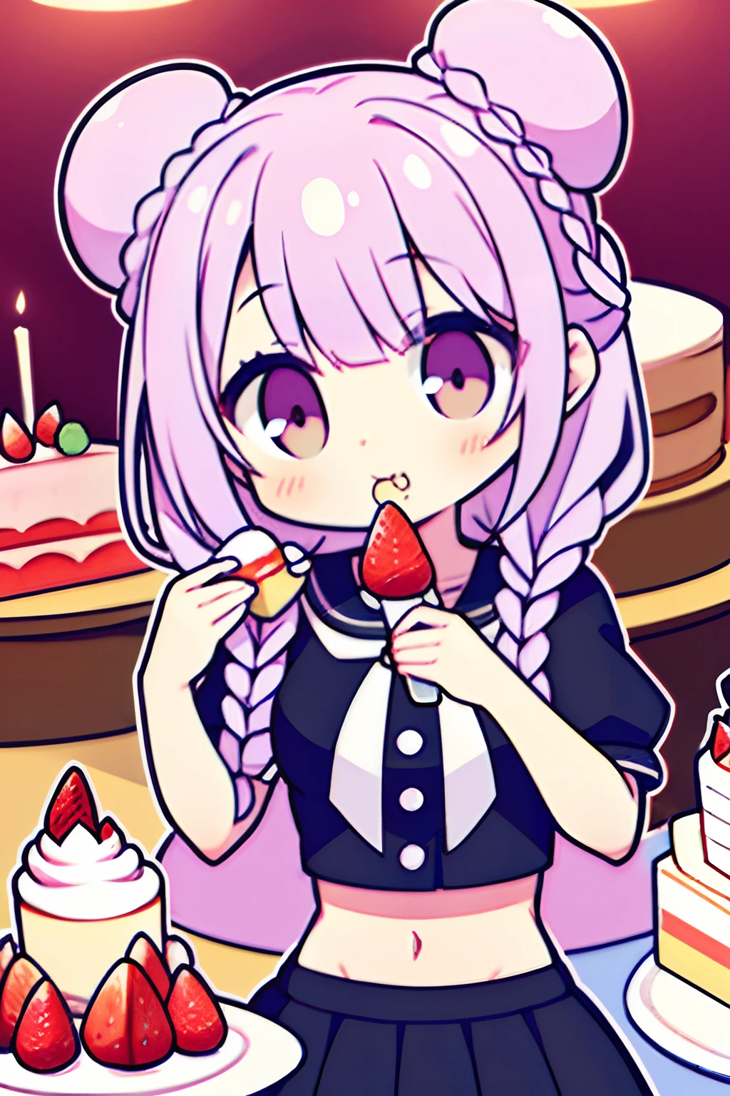 Bun head,Twist braids,light violet hair,s girl,vivaciousness,a black skirt,Eat dessert,morango,Strawberry cake,Cream cake,pudding,Lots of desserts