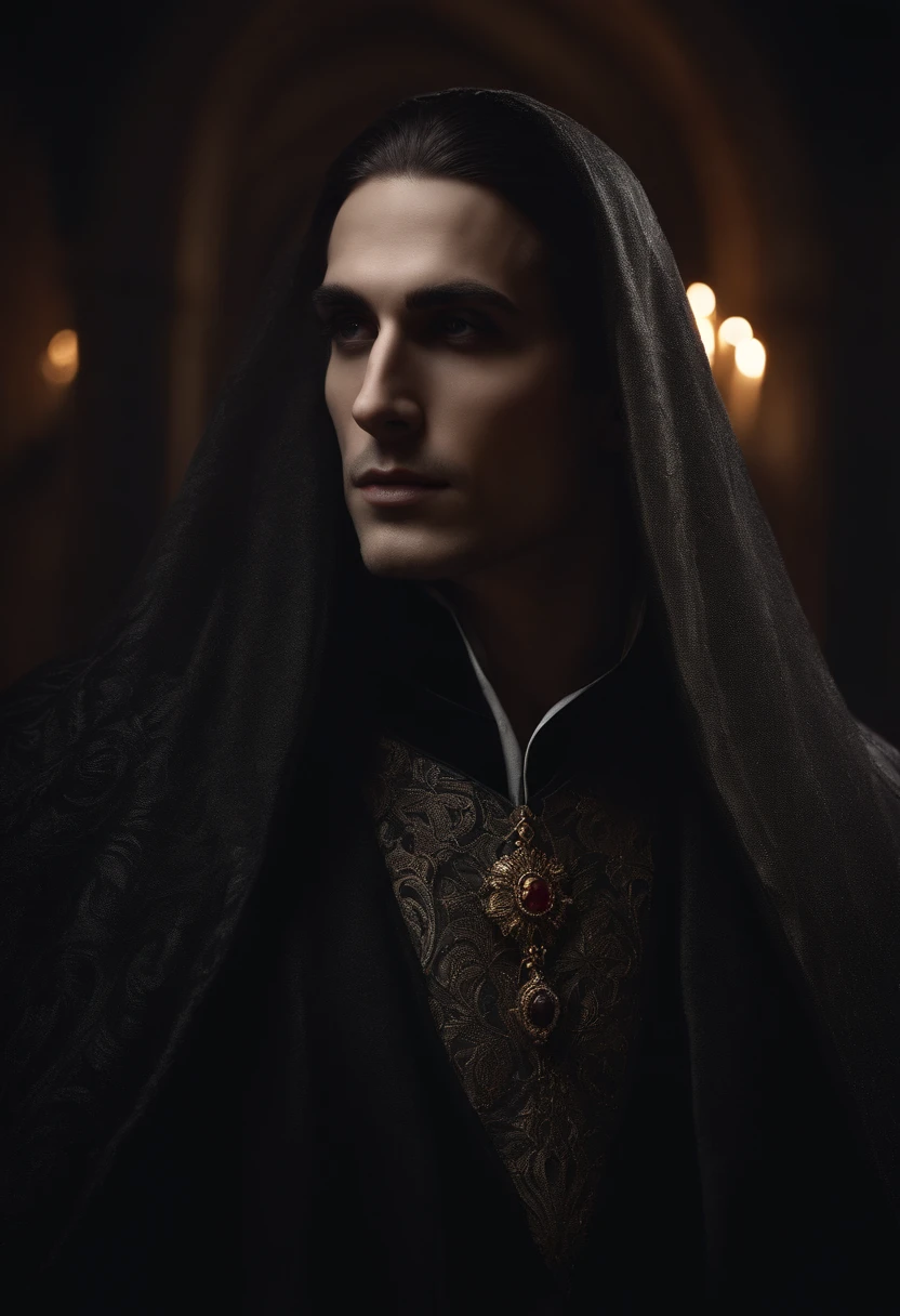 Fotografia insanamente detalhada de um lindo homem vampiro, Gothic Renaissance, longos cabelos brancos volumosos, intrincados olhos brancos, genial, Vampiro, Ethereal, hiperdetalhado, 32k resolution, dynamic lighting, hiperdetalhado, intrinsecamente detalhado, trending on ArtStation, Triadic-Colors, Volumetric lighting, BalenciagaStyle